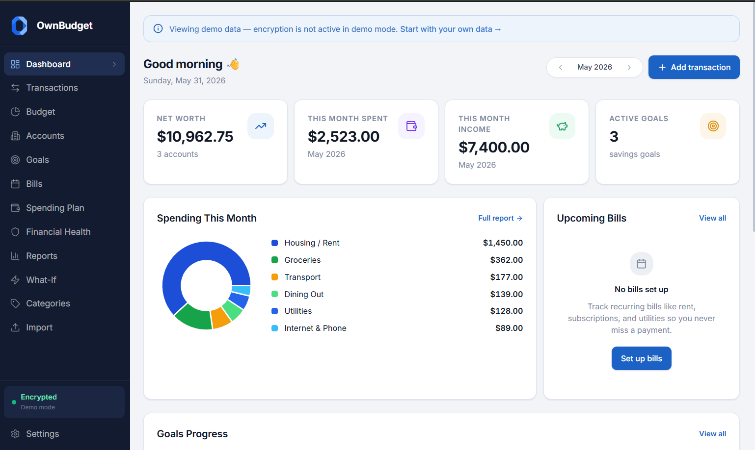 OwnBudget dashboard — goal-aware stats and spending overview