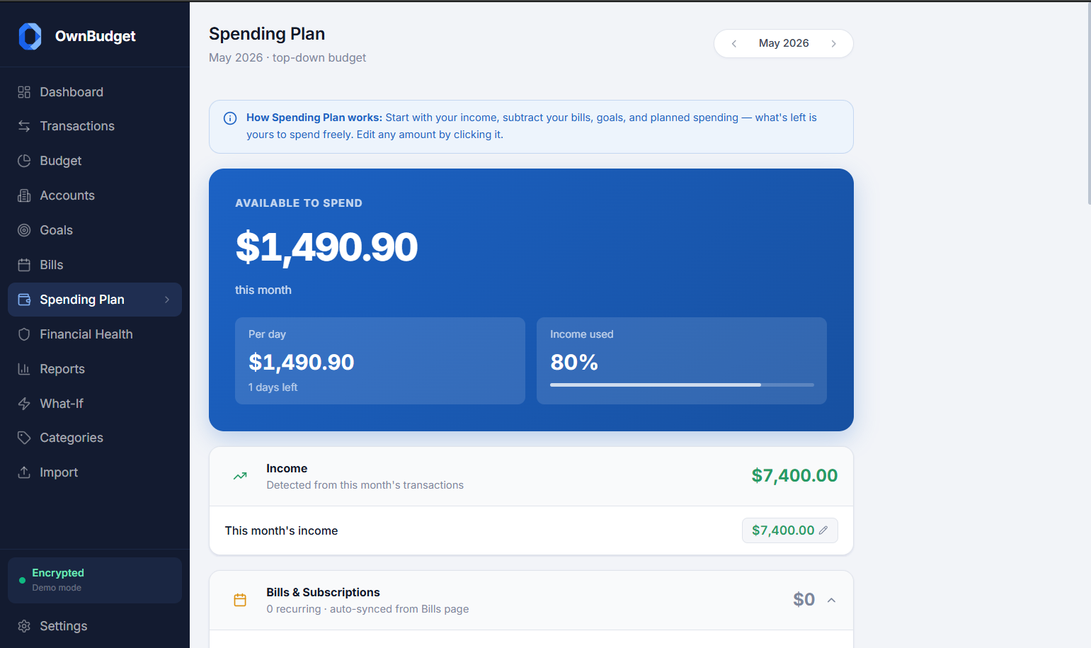 OwnBudget Spending Plan — income minus bills minus goals equals spendable