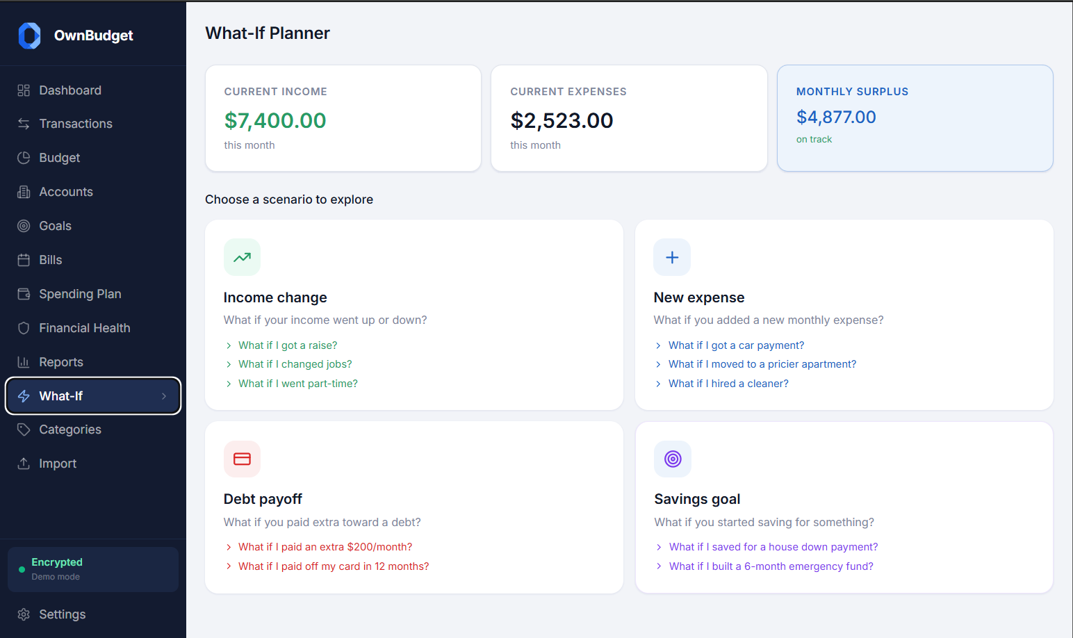 OwnBudget What-If planner — model scenarios side by side